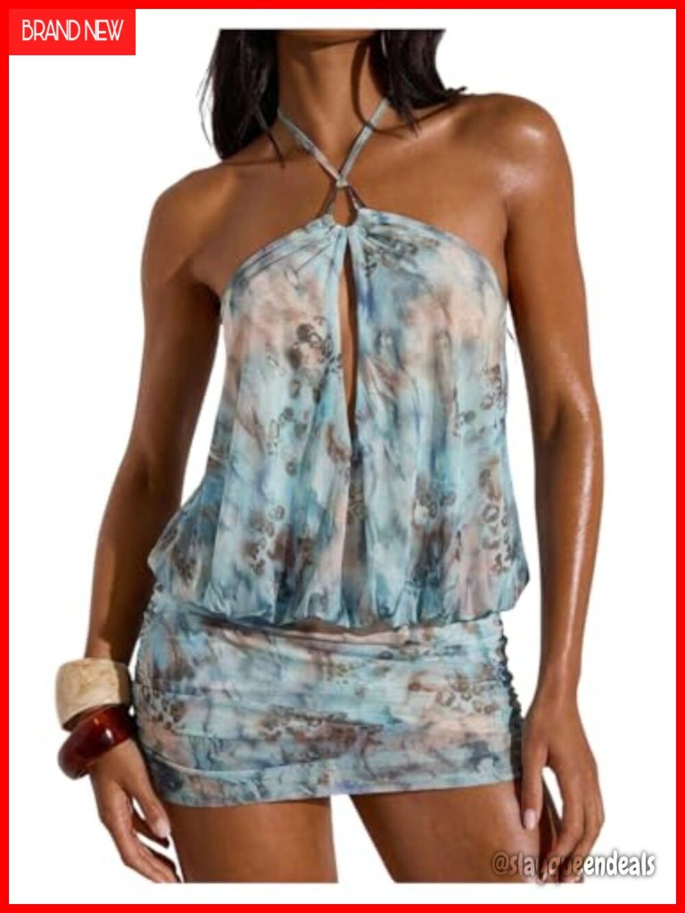 Women's Tie Dye Halter Mini Dress Bodycon Backless Party Beach Vacation